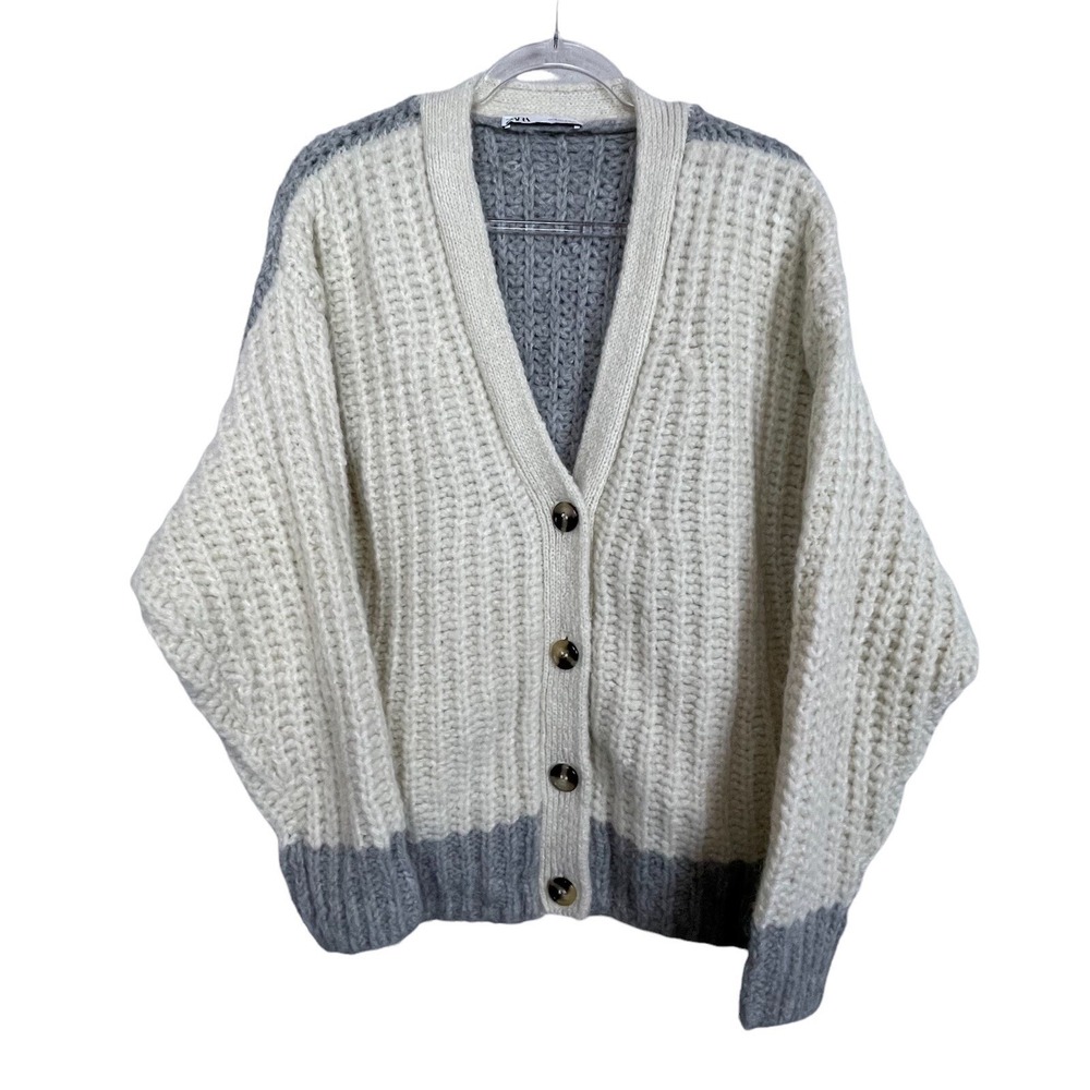 Zara Cardigan Sweater Women Medium Cream Gray Colorblock Alpaca Wool Chunky Knit